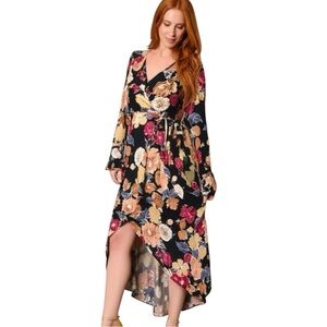 Band of the Free Large Floral Pattern Black Berry Hi Lo Faux Wrap Midi Dress S